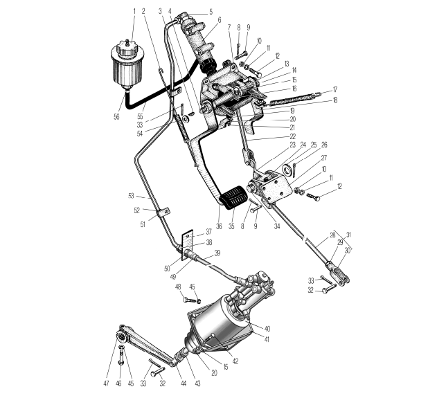 Схема привода педалей сцепления и тормоза Урал 4320